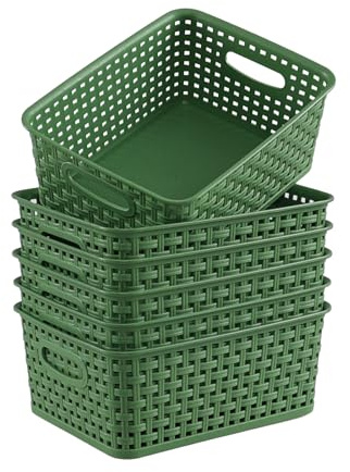 Taysisiter Plastic Woven Storage Baskets, Plastic Storage Baskets for Organizing, Deep Green, 6 Packs