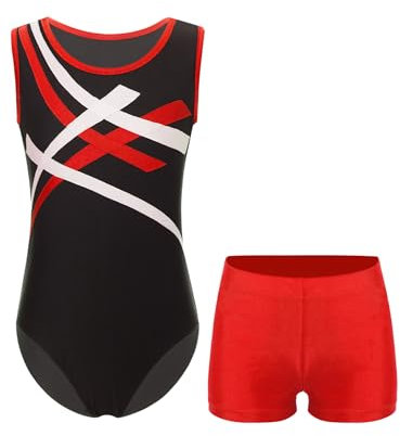 Yeahdor Kinder Jungen Turnanzug Ärmellos Sport Bodysuit mit Kurze Hose Trainingsanzug Jogginganzug Ballettanzug Eiskunstlaufen Akroabtik A Rot 134-140