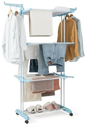 GIANTEX Tendedero Plegable de 4 Niveles, Secador de Ropa de Pie con Ruedas y Alas Laterales Giratorias, 3 Bandejas Retráctiles, 127 x 63 x 171 cm, Tendedero para Dormitorio, Balcón (Azul)