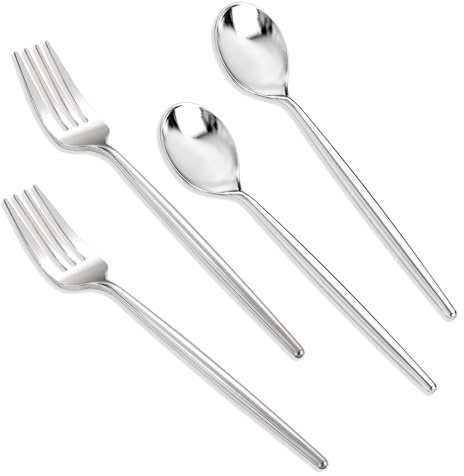 SUT 100Pcs Silver Plastic Silverware - Plastic Spoons and Forks, Disposable Silverware, Plastic Cutlery Set,50 Gold Plastic Forks, 50 Gold Plastic Spoons for Catering, Parties, Dinners, Weddings