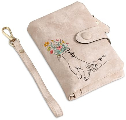 Jeweidea Geldbörse Damen Personalisierte Geldbörse mit Blume und Namen Kleines Portemonnaie Damen mit Kartenfach, Münzfach, Geschenke für Mama Muttertagsgeschenke Personalisierte Geschenke (Rosa)