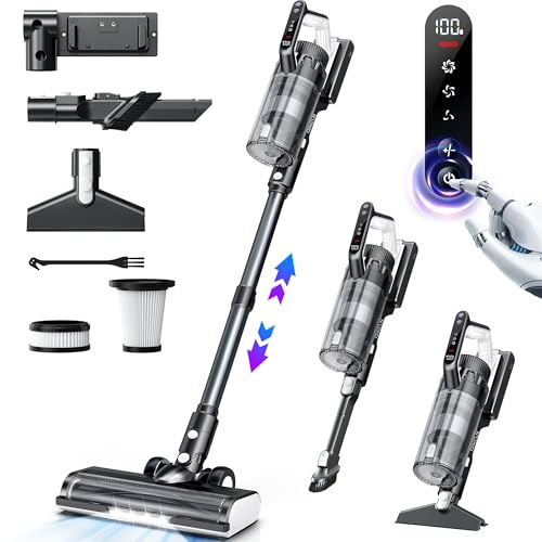 QikCln - Rechargeable Cordless Vacuum Cleaner, Powerful 23000pa Household Vacuum Cleaner with XL Dust Cup, LED Headlights, 45 Minutes, 3 Modes, Carpet Rod, Hard Floors and Pet Hair