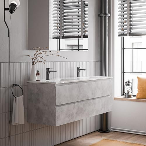 BERNSTEIN - Meuble double vasque suspendu salle de bain MDF Gris béton, lavabos Céramique Blanc brillant + trous robinets, trop plein & Bondes - 140x46x50cm - AVA