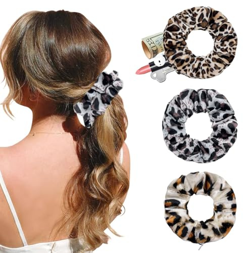 3 Stück Haargummis, Samt Scrunchies mit reißverschluss, Flanell Haarseil mit versteckter Reißverschlusstasche, Haargummis mit Reißverschluss Tasche, Velvet Haarbänder, für Mädchen und Damen
