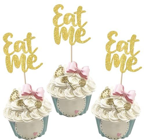 Xsstarmi 24 Pack Eat Me Cupcake Toppers Glitter Take One Try Me Cupcake Picks Tea Party Cake Decorations for Wonderland Theme Baby Shower Kids Boys Girls Birthday Party Supplies Gold