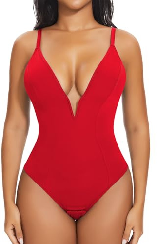 Joyshaper Formande Body Kvinnor Platt Mage Shapewear Bodysuit Kroppsförvaring Push Up G-String Bodysuit Topp Djup V-ringning, Röd, XL