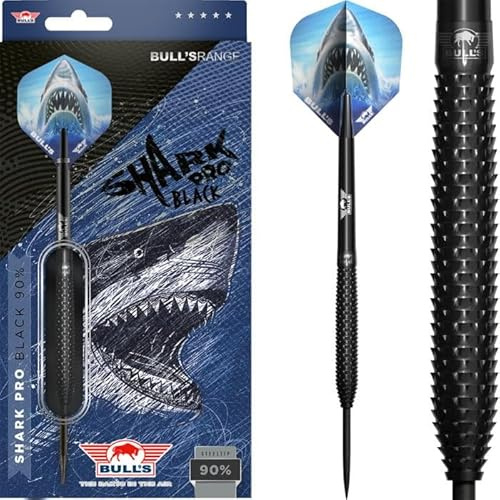 Bull's Shark Pro Black 90% Tungsten Steeldart - 25g | Präzise gerade Barrels mit einzigartigem Shark Grip