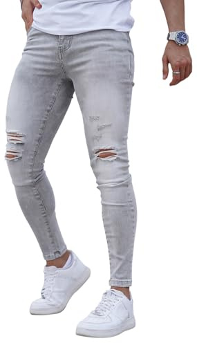 GINGTTO Uomo Jeans Strappati Elasticizzati Skinny Strehch Pantaloni Denim Slim Fit Ripped Casual Grigio Chiaro 32