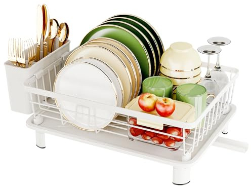 GHERISN Dish Drainer Rack with Drip Tray, Sink Dish Drainer with Drainage Spout, Stainless Steel Dish Drying Rack with Cups, Utensil & Cutting Board Holders for Kitchen Counter Space-Saving, White