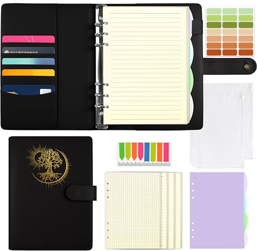 Qefuna A5 Ringbuch,Ringbuch A5 nachfüllbar,PU Einband mit Folienprägung Sun Tree of Life Muster, mit180 Blatt Nachfüllpapier, mit Einstecktaschen und Trennblättern，Schwarz