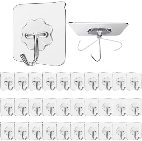 ZILZUFA 30 Pezzi Ganci Adesivi Muro,Trasparenti Gancio Autoadesivo Bagno da Parete, Ganci Forti Senza Cuciture per Cucina Soggiorno, Gancio Adesivo Forte Parete, 10 kg (Max)