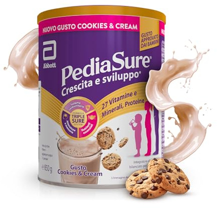 PEDIASURE Crescita e Sviluppo, Integratore Alimentare per Bambini 1+, Multivitaminico con 27 Vitamine e Minerali e Proteine, Confezione 850g, gusto Cookies & Cream