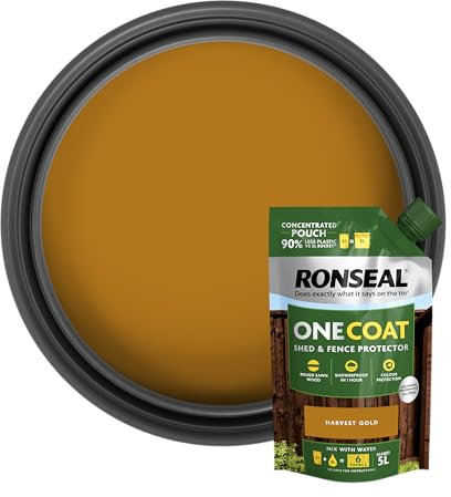 Ronseal One Coat Shed & Fence Pouch Harvest Gold 950ml - Mix with Water to Make 5 Litres of Paint for Effortless Coverage and Long-Lasting Protection