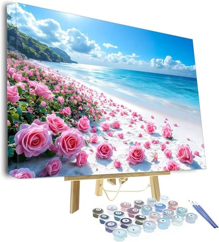 Malen Nach Zahlen Erwachsene Strand Malen Nach Zahlen Kinder, Paint by Numbers Rose Knitterfreie Leinwand Bilder, diy GemäLde Kit mit Pinsel und Acrylfarbe Als Geschenk für Wanddeko 40x30cm P-885