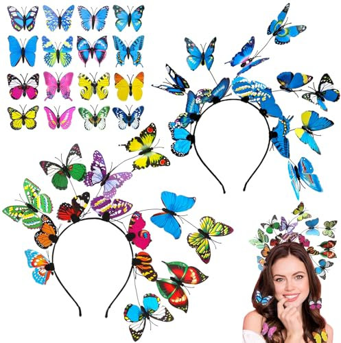 TTYSHIP® 2 Stück Haarreif Schmetterling, Haarreifen Schmetterling mit 16 Schmetterlinges Haarspangen für Damen Mädchen Fasching Party Cosplay (Blau/Bunt)
