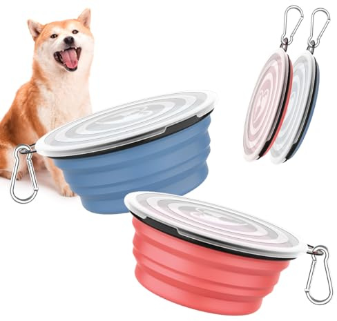 Pawaboo Faltbar Hundenapf, 2 Stück 450ml Hund Reisenäpfe Tragbar Silikon Auslaufsicher Trinknapf Fressnapf mit Deckel und Karabiner für Hunde Katzen Spaziergänge Unterwegs, Hellrosa + Blau