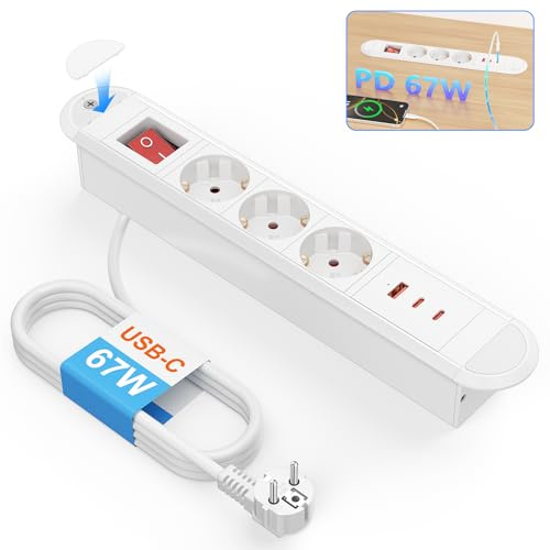 Ohuo Einbau Steckdosenleiste USB C 67W, Steckdose für Schreibtisch Einbau 3 Fach Versenkbare Tischsteckdose mit USB und 2 USB C, Metallgehäuse