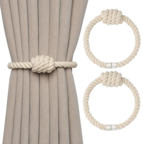 Pretty Jolly 2 Pack Natural Cotton Rope Magnetic Curtain Tiebacks Boho Style Drape Tie Backs Elegant Hand Weave Rope Knot Decorative Curtain Holdbacks for Home & Office Window Drapery (Beige)