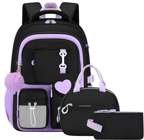 Amythe Zaino Scuola Elementare Bambina 3 Pezzi, Set Zaini Ragazza Set 7-12 anni con Sacchetto per Pranzo e Astuccio per Matite, Viola Nero