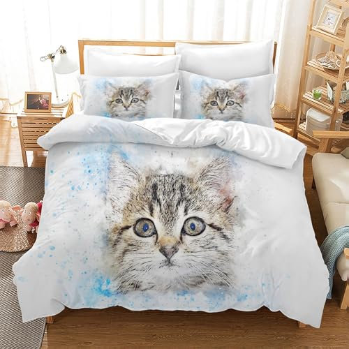 BSYYZQC Bettwäsche 155x220 Katze Microfaser BettwäSche-Sets mit ReißVerschluss, Haustier Hautfreundlich Bettwaren, Bedding EnthäLt 1 Bettbezug und 2 Kissenbezug 80x80
