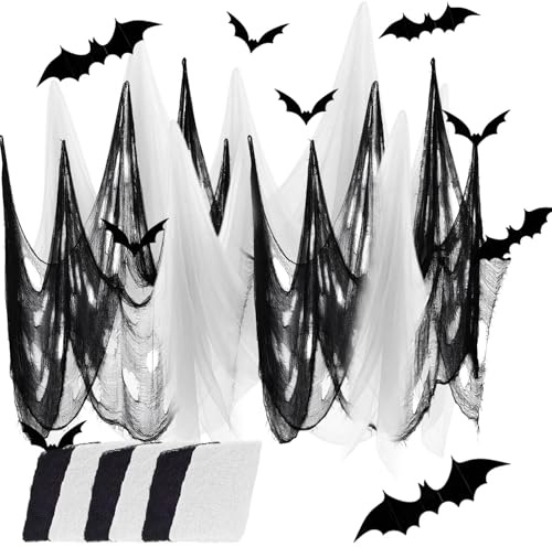 JrnSvp Halloween Deko Stoff, 6 Stück 183 X 76 cm Gruselige Stoffe mit 24 Fledermaus Aufklebern für Innen und Außen, Halloween Party Dekoration für Fenster, Garten, Veranden und Spukhäuser Party