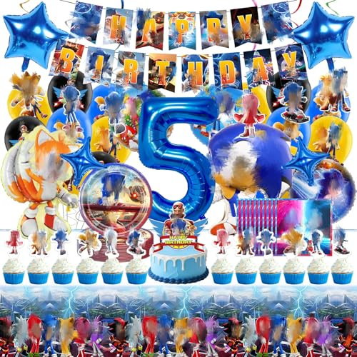 69 Stück Geburtstagsdeko Kinder, Cartoon Deko Geburtstag mit Tischdecke Banner Spiralen Luftballons Foil Balloon Tortendeko Servietten für 4 5 6 7 8 9 jahre Jungen Mädchen Geburtstags Party