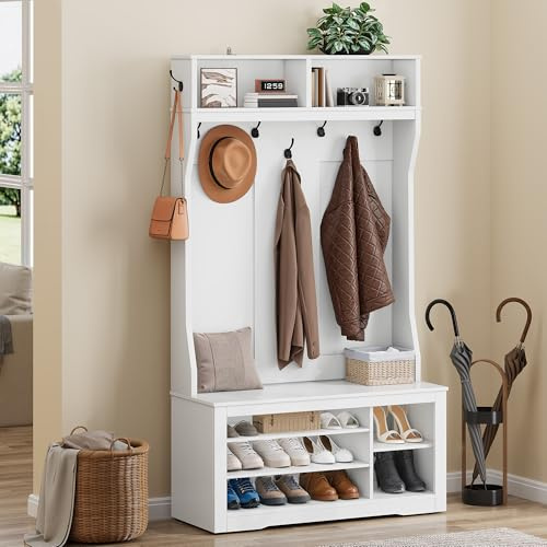 YITAHOME Garderobenständer mit Schuhbank, Garderobenschrank, Garderobe, Flurgarderobe mit 9 Haken & Oberschrank, für Diele & Wohnzimmer,Verstellbare Regalebenen Schuhschrank,100x35x180.5cm, Weiß