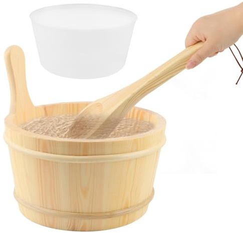 Wooden Bucket and Ladle Set,4L Capacity Sauna Water Bucket,with Handle and Plastic Insert,Wood Ladle Kit Barrel Set Accessories for Home-Sauna/Steam Room