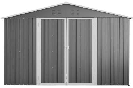 Caseta de jardín, cobertizo de metal, cobertizo de metal XXXL (300 x 252 cm), gran cobertizo de jardín con techo a dos aguas, acero resistente a la intemperie, color gris para bicicletas y