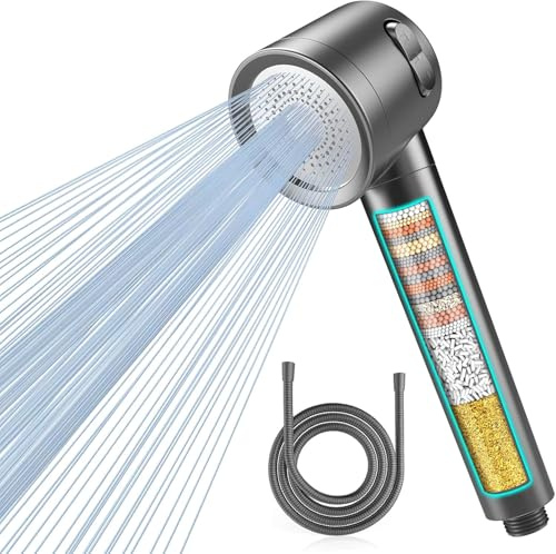 MEKO Cabezal de Ducha con Filtro de Alta Presión con Filtro de 15 Pasos | Manguera 1,5M, 3 Modos de Pulverización, Alcachofa Ducha Antical, Ahorrador de Agua, Elimina Cloro Residual, Grisoscuro 2