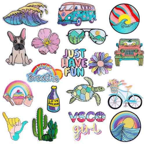 18 Stück Vintage Patches zum Aufbügeln und Aufnähen | Bestickte Bügelbilder Set im Sommer Strand & Wellen Design für Kleidung, Jeans, Rucksäcke & Jacken, DIY Aufnäher Deko