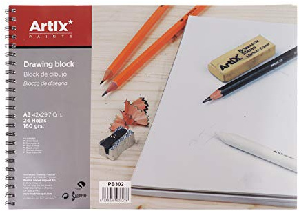 MP-ARTIX, Bloc de Dibujo, A3, 24 Hojas, 160 gr, Bloc de Bocetos con Espiral, 29,7 x 42 cm, Ideal para Dibujar con Carboncillo, Lápiz, Rotulador, Ceras o Pinturas