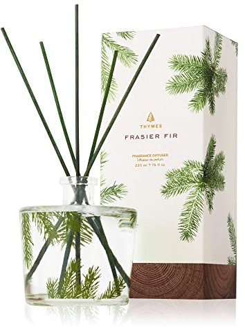 Thymes Frasier Fir Reed Diffuser Set – Includes Reeds, Fragrance Oil, and Frosted Glass Bottle – Fragrance Oil Diffuser – Room Fresheners – Luxury Home Decor – Green & Clear (Pine Needle, 7.75 fl oz)