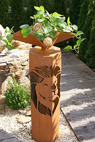 JH-Metalldesign 8-Eck Säule Löwe + Schale 4-Eck Edelrost Rost Metall Gartendeko Garten Stele