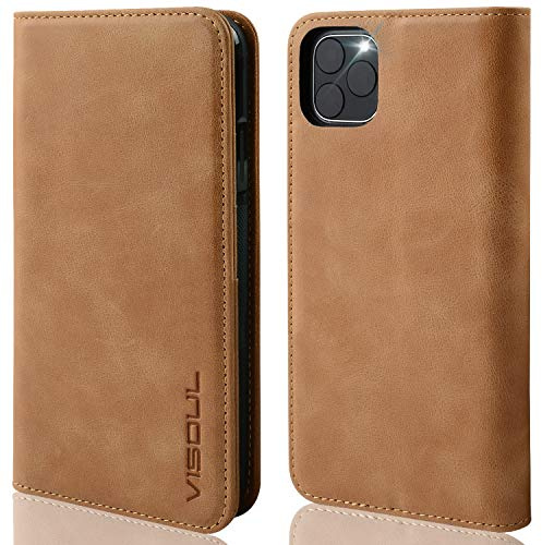 VISOUL iPhone 11 Pro Hülle, Stoßfeste Handyhülle [100% Rindsleder] [RFID Blocker] [Auto Sleep/Wake], TPU Schutzhülle [Kartenfach] [Magnet] [Stand] Lederhülle Kompatibel für iPhone 11 Pro 5,8 Khaki