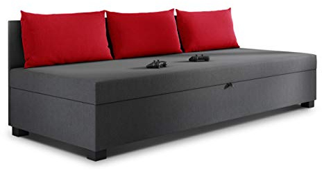 Sofnet - Schlafsofa Misti III mit Kissen (Graphit + Rot, Lux 06 + 14) | Einzelbett, Sofa mit Bettkasten, Bettsofa, Komfortbett, Bettgestell, Jugendzimmer, Schlafmöbel, Strukturstoff