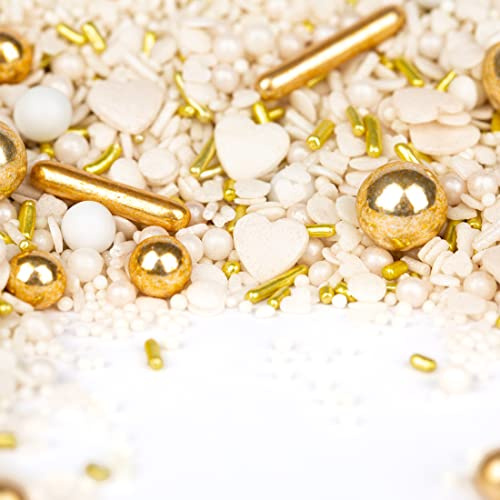 Super Streusel Schickeria - Streusel Gold Weiß, Goldperlen (90g) | Elegante Hochzeit Tortendeko mit Zuckerperlen, Streuseldeko für Hochzeitstorte, Taufe & Kommunion