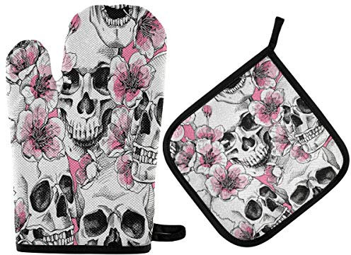 HMZXZ RXYY Sugar Skull Blumen- Blumens Rosa Ofenhandschuhe Gesteppt Baumwolle Beschichtung Topflappen BBQ Handschuhe-Ofenhandschuhe Hitzebeständig Küche Sicher Matten für Backen Kochen