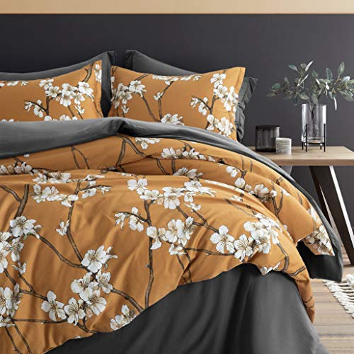 Eikei Mandelbaumblüten-Bettbezug, Chinoiserie, schicker Stil, blühende Bäume, Reben und Äste, langstapelige Baumwolle, 3-teiliges Bettwäsche-Set, asiatischer Garten (Ocker, Super-King)