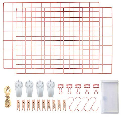 LOYONAL Rose Gold Wall Grid Panel - Photo Grid Wall Mesh Display - Wire Grid Memo Board Gold - Metal Board Wall - Set of 2 Multifunctional Hanging Grid Organiser 42×31 Centimeters