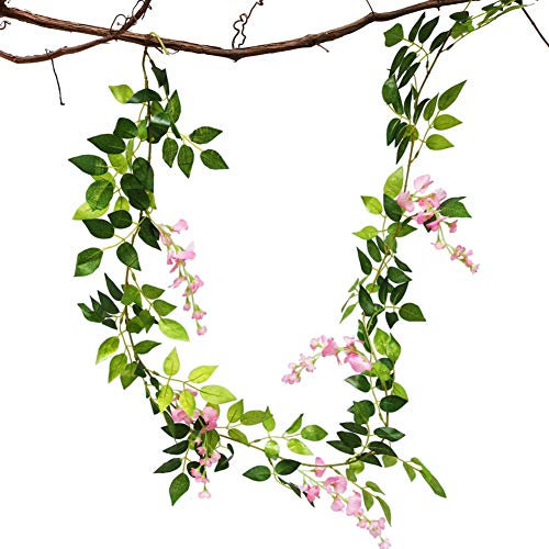 Surakey 1 Stück 2M Künstliche Rosa Blumengirlande Kunstblumen Glyzinien Girlande Blumen Grüne Girlande Hängend Blätter Rebe für Zuhause Wand Hochzeit Bogen Anordnung Dekoration