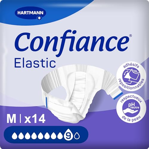 Confiance Elastic 9 Gouttes Changes Complets Unisexes | Taille M | 14 unités, protections pour fuites urinaires importantes, pH neutre à la peau, matière douce, faciles à poser