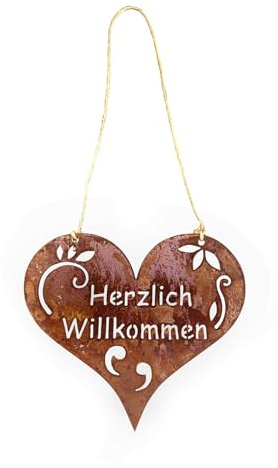 Radami Edelrost Herz - Willkommen - Schild Gartenstecker Metall Gartenfigur, Metall Figur Gartendekoration schwere Ausführung (Willkommen hängend 26cm)