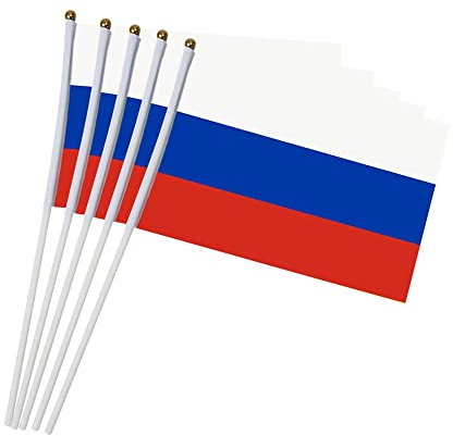 5 Stück Russland Stockflagge Stick Flagge Fahne Stockfahne, 5x8 Zoll Handwinkende Mini Flagge Bannern mit 12 weißem festem Mast, Russische Handgehaltene Stick Flaggen,Lebendige Farbe und Lichtecht