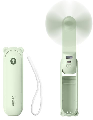 JISULIFE Handheld Mini Fan, 3 IN 1 USB Rechargeable Portable Fan [12-19 Working Hours] with Power Bank, Flashlight, Pocket Design for Travel/Summer/Concerts/Lash, Gifts for Women(Green)