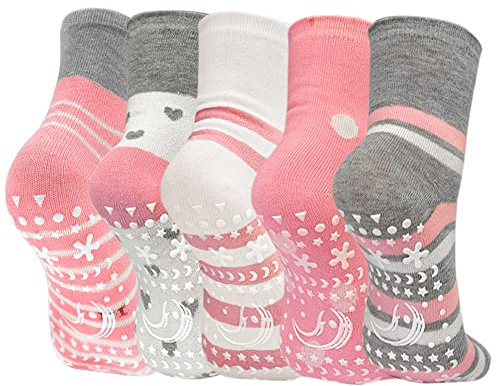 ZFSOCK Barn Flickor Halkfri Strumpor: Bomull Roliga Färgglada Djurmönster Ankelstrumpor, Anti-slip Sula med Nubs för Hemmet Lekplats 5 par Storlek 31-34, 8-11 år gammal