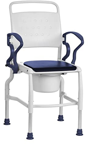 Toilettenstuhl für Senioren FabaCare Köln, mit Eimer, abschwenkbare Armlehnen, Nachtstuhl, Hygienestuhl, Leibstuhl, WC-Stuhl, made in Germany, bis 130 kg, Grau-Blau