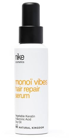 NIKECOSMETICS - Sérum Reparador Capilar Monoï Vibes 100 ml, Aroma a Monoï, con Aceite de Soja, Ácido Hialurónico y Keratina Vegana, Fortalecedor, Aporta Brillo y Suavidad, Fórmula Vegana