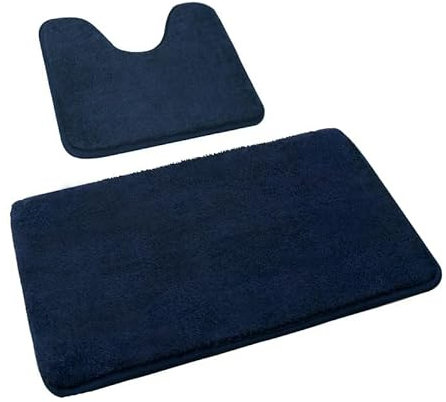 Rururug Badezimmerteppich Set 2 Teilig, Weiche Mikrofaser Badezimmermatte und wc Vorleger mit Ausschnitt, rutschfeste Badematte, Waschbar Badvorleger Set Marineblau, 50x80+50x40 cm