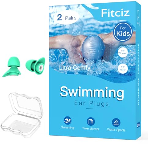 Fitciz Ohrstöpsel Schwimmen Kinder (Alter 8+) - mit Delikat Aufbewahrungsbox - Wiederverwendbare Weich Silikon Ohrenstöpsel Schwimm Kinder – Kids Swimming Earplugs (für Kinder, 2 Paare)